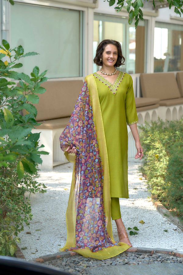Avantini Women's Cotton Light Green Embroidered Kurta Pant With Dupatta