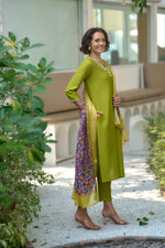 Thumbnail for Avantini Women's Cotton Light Green Embroidered Kurta Pant With Dupatta