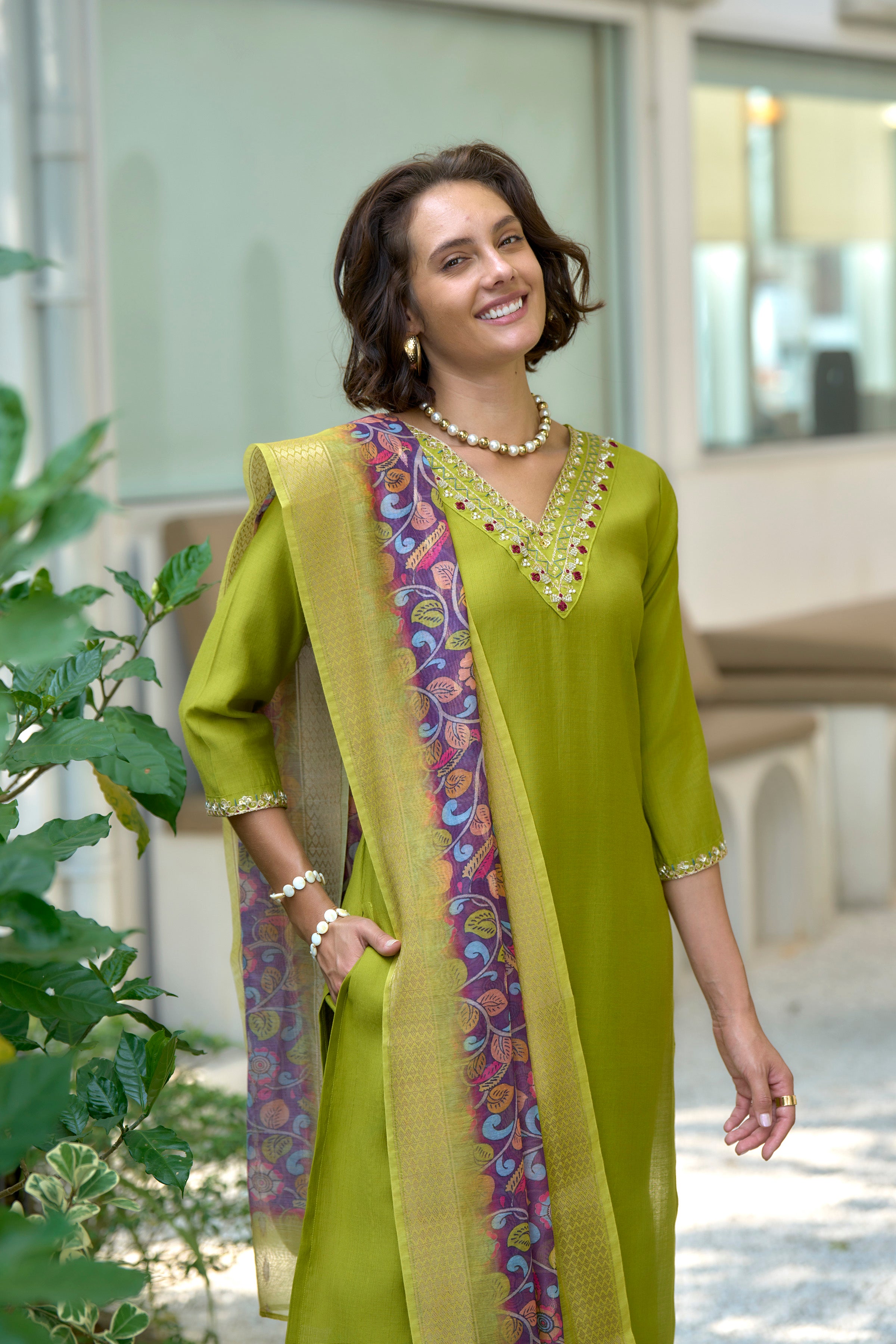 Avantini Women's Cotton Light Green Embroidered Kurta Pant With Dupatta