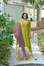 Thumbnail for Avantini Women's Cotton Light Green Embroidered Kurta Pant With Dupatta