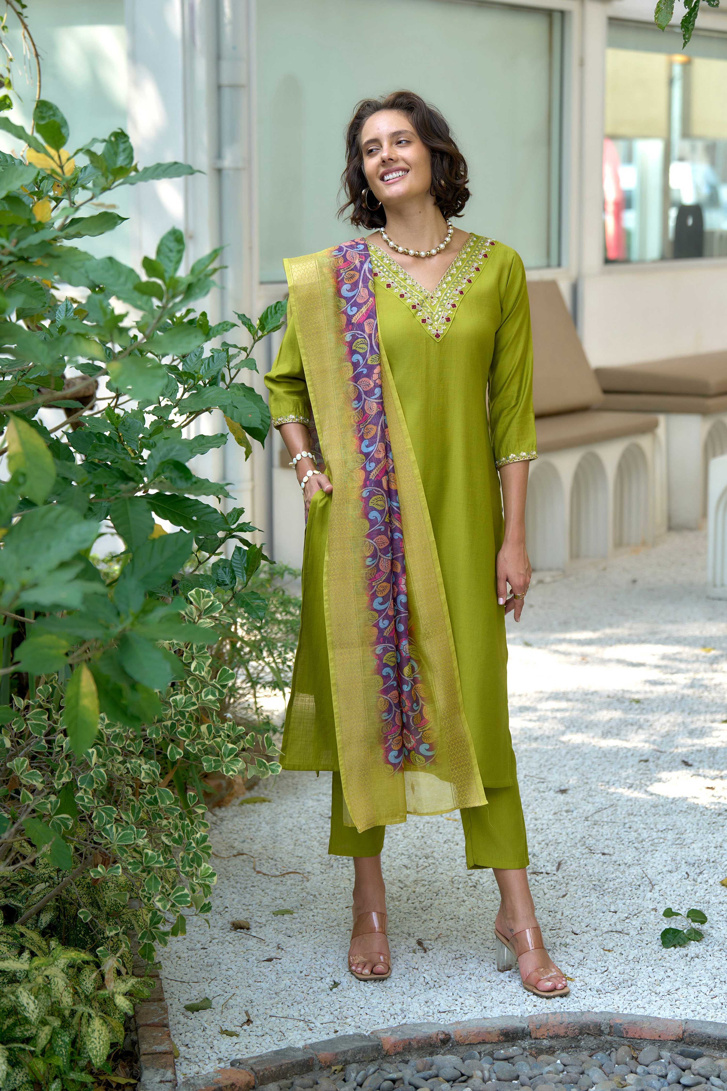 Avantini Women's Cotton Light Green Embroidered Kurta Pant With Dupatta