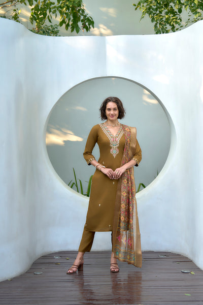 Avantini Women's Cotton Khaki Embroidered Kurta Pant With Dupatta