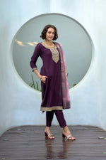 Thumbnail for Avantini Women's Cotton Purple Embroidered Kurta Pant With Dupatta
