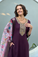 Thumbnail for Avantini Women's Cotton Purple Embroidered Kurta Pant With Dupatta