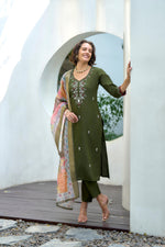 Thumbnail for Avantini Women's Cotton Dark Green Embroidered Kurta Pant With Dupatta