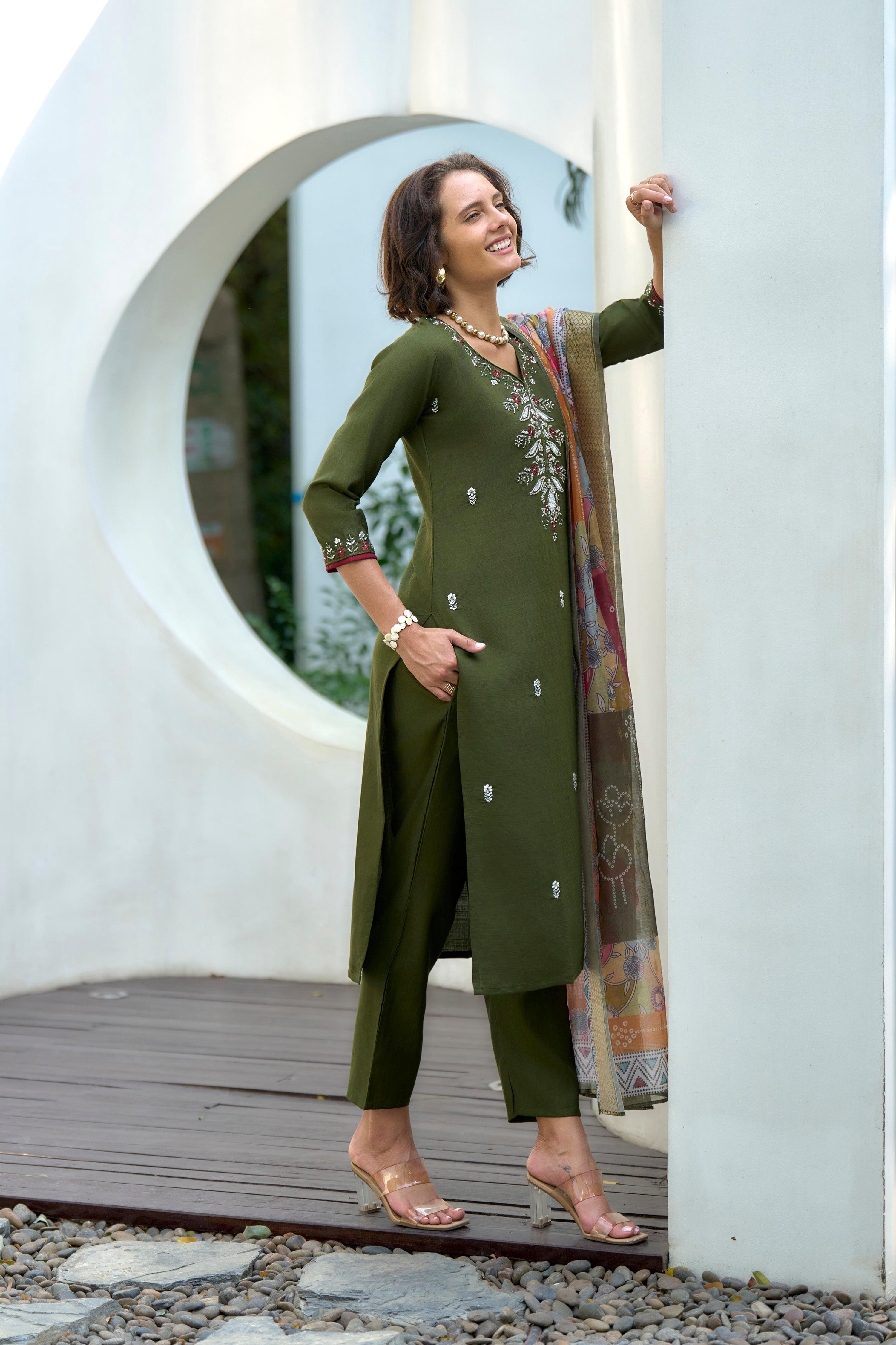Avantini Women's Cotton Dark Green Embroidered Kurta Pant With Dupatta