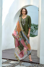 Thumbnail for Avantini Women's Cotton Dark Green Embroidered Kurta Pant With Dupatta