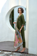 Thumbnail for Avantini Women's Cotton Dark Green Embroidered Kurta Pant With Dupatta