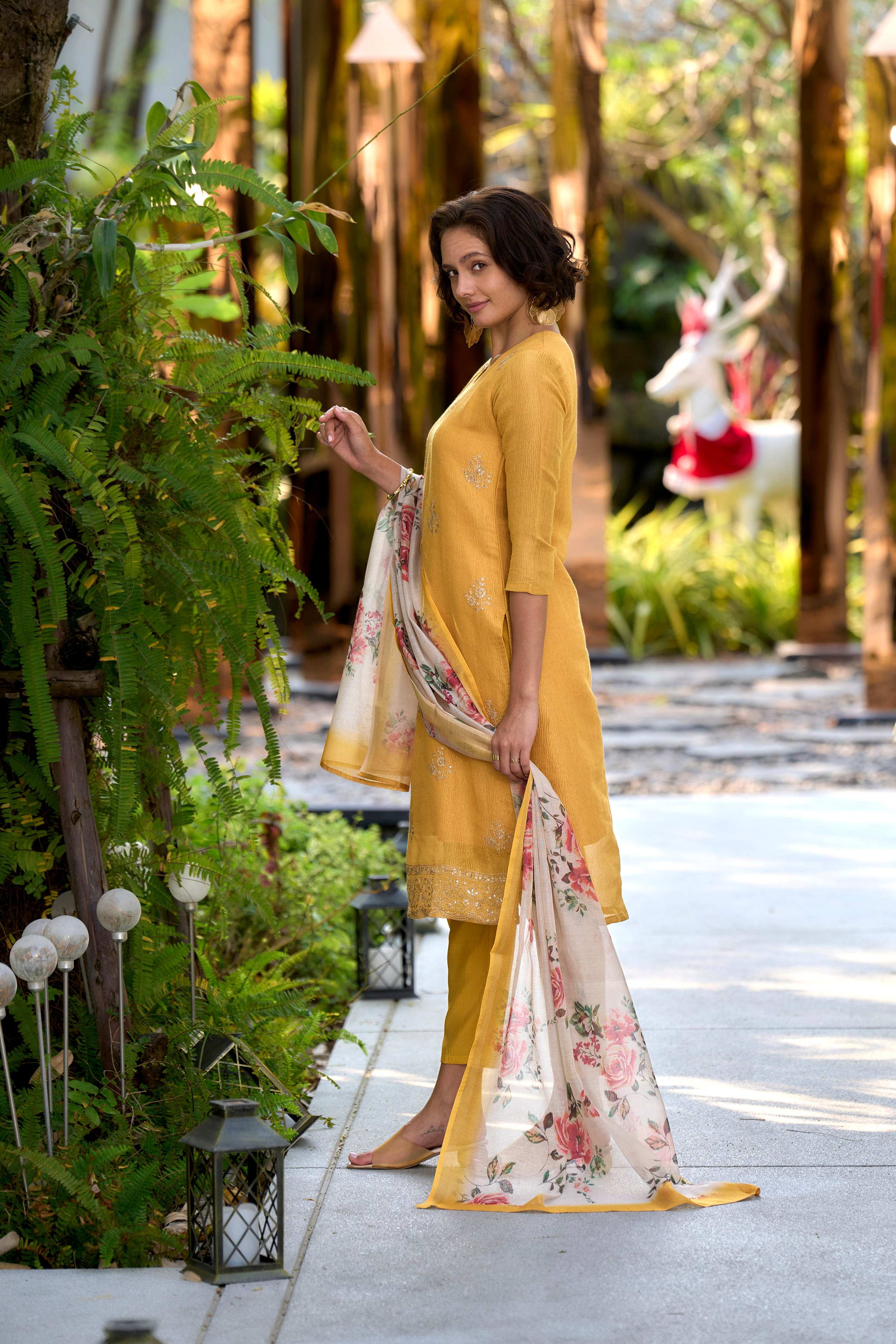 Avantini Women's Cotton Yellow Embroidered Kurta Pant With Dupatta - Distacart