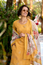 Thumbnail for Avantini Women's Cotton Yellow Embroidered Kurta Pant With Dupatta - Distacart