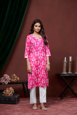 Thumbnail for Avantini Women's Cotton Linen Pink Printed embellished Kurti - Distacart