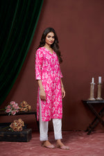 Thumbnail for Avantini Women's Cotton Linen Pink Printed embellished Kurti - Distacart