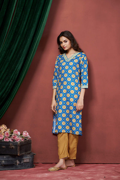 Avantini Women's Cotton Linen Sky Blue Printed embellished Bandhani Kurti