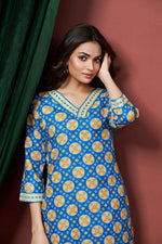 Thumbnail for Avantini Women's Cotton Linen Sky Blue Printed embellished Bandhani Kurti