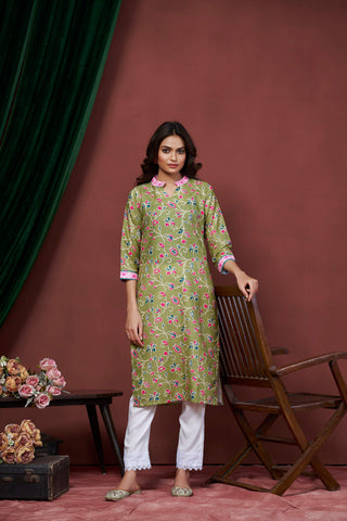 Avantini Women's Cotton Linen Olive Floral Printed embellished Kurti