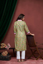 Thumbnail for Avantini Women's Cotton Linen Olive Floral Printed embellished Kurti - Distacart