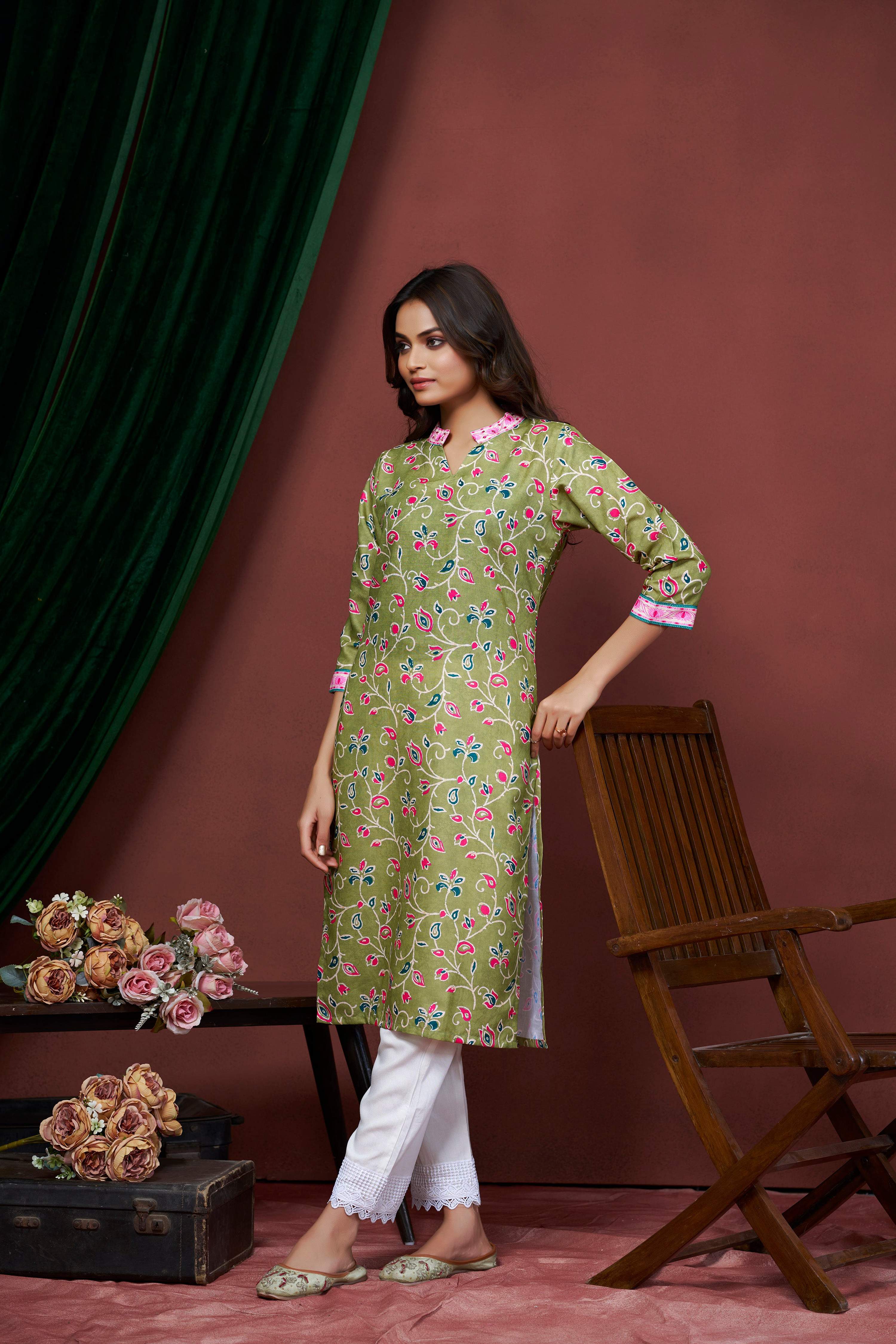 Avantini Women's Cotton Linen Olive Floral Printed embellished Kurti - Distacart