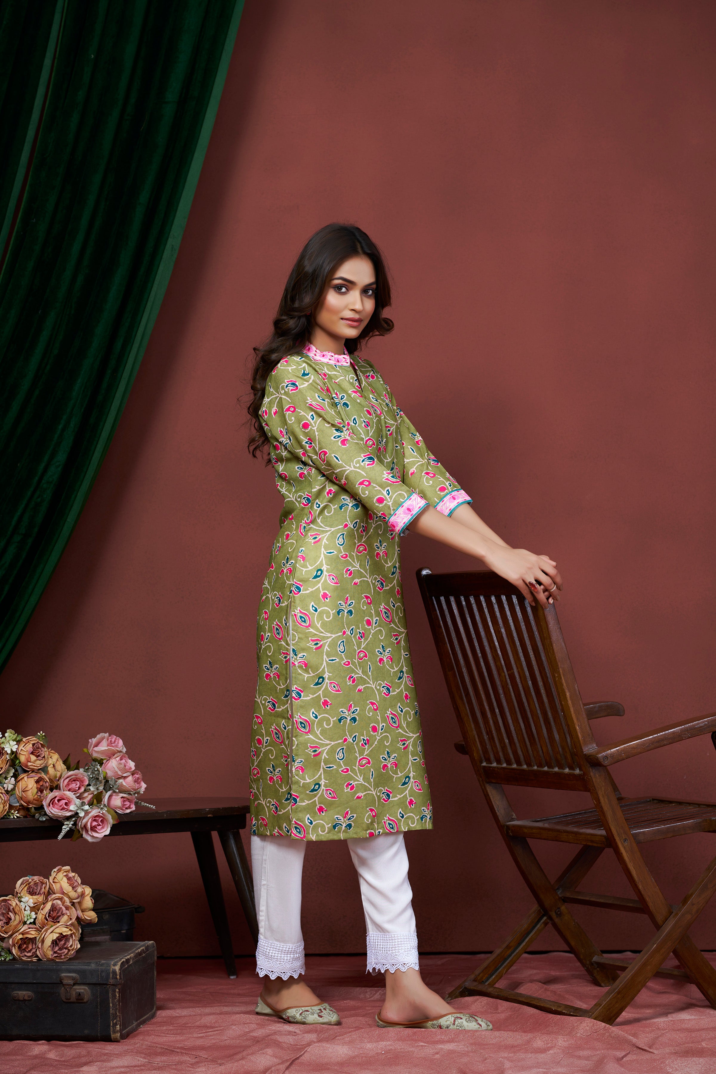 Avantini Women's Cotton Linen Olive Floral Printed embellished Kurti - Distacart