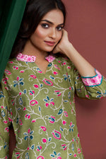 Thumbnail for Avantini Women's Cotton Linen Olive Floral Printed embellished Kurti - Distacart