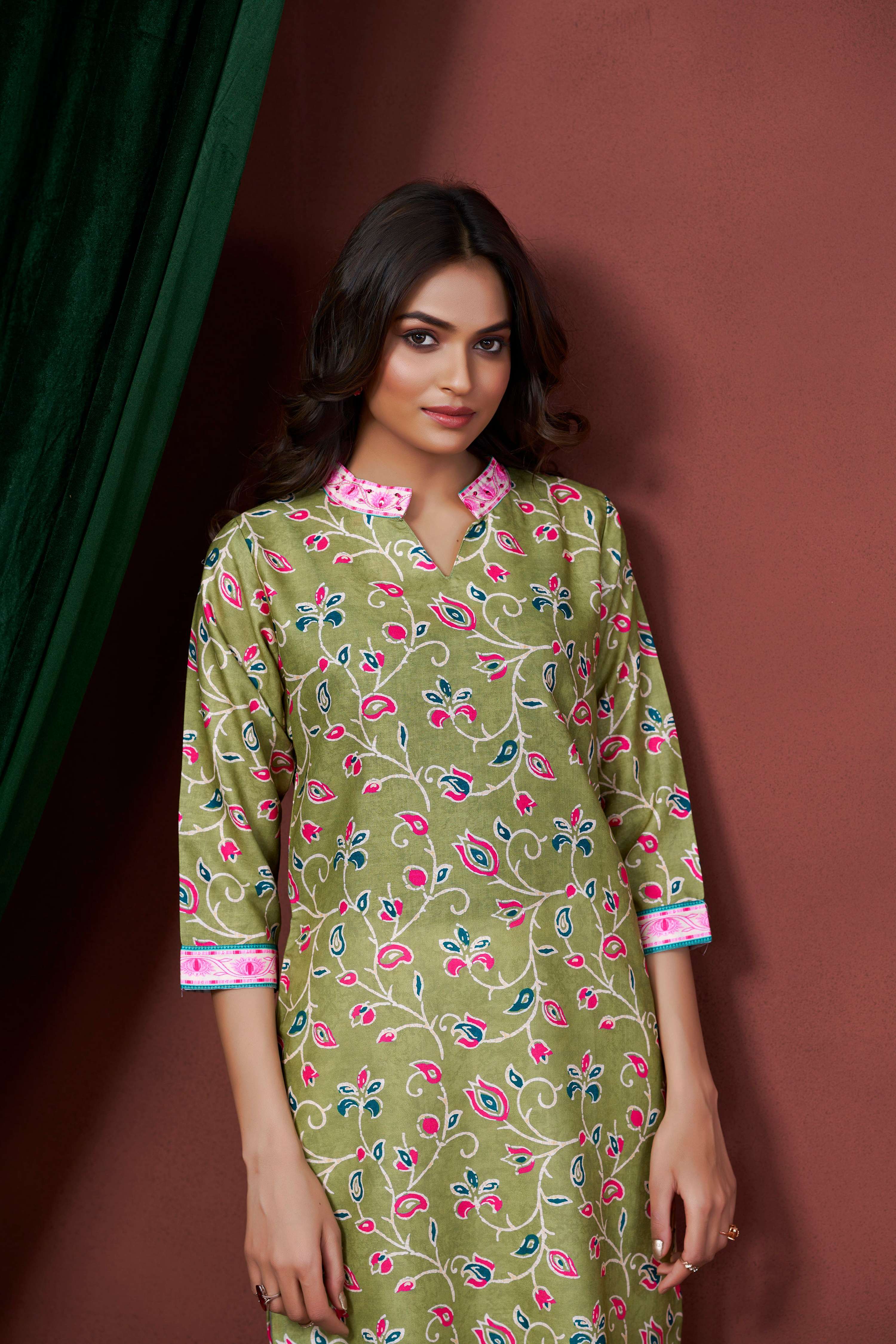Avantini Women's Cotton Linen Olive Floral Printed embellished Kurti - Distacart