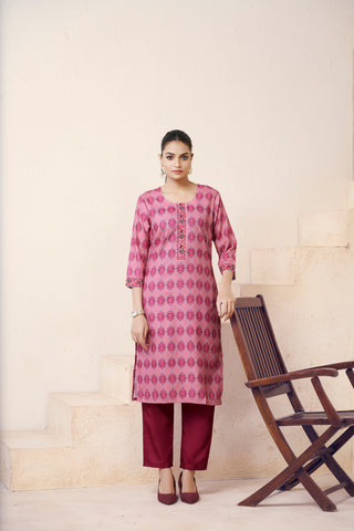 Avantini Women's Cotton Linen Pink Floral Printed embellished Kurti
