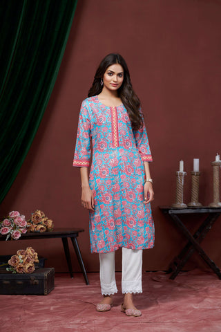 Avantini Women's Cotton Linen Sky Blue Floral Printed embellished Kurti