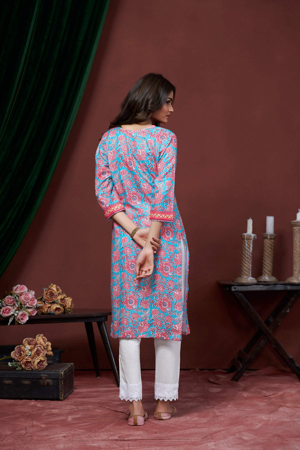 Avantini Women's Cotton Linen Sky Blue Floral Printed embellished Kurti