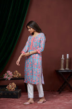 Thumbnail for Avantini Women's Cotton Linen Sky Blue Floral Printed embellished Kurti