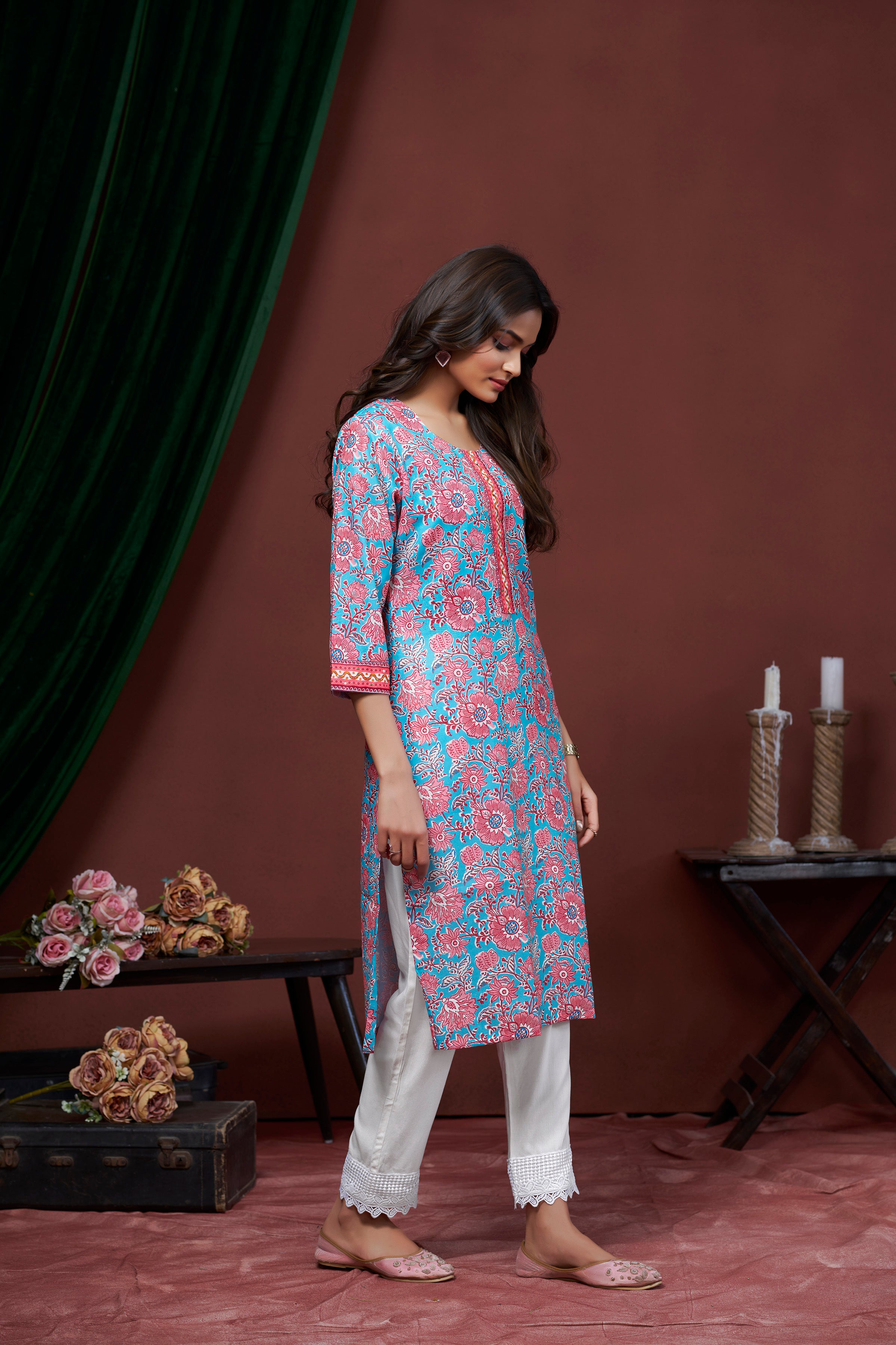 Avantini Women's Cotton Linen Sky Blue Floral Printed embellished Kurti