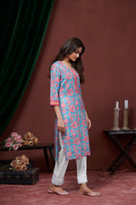 Thumbnail for Avantini Women's Cotton Linen Sky Blue Floral Printed embellished Kurti