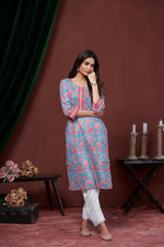Thumbnail for Avantini Women's Cotton Linen Sky Blue Floral Printed embellished Kurti