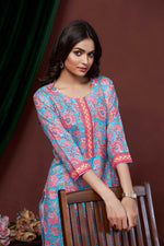 Thumbnail for Avantini Women's Cotton Linen Sky Blue Floral Printed embellished Kurti