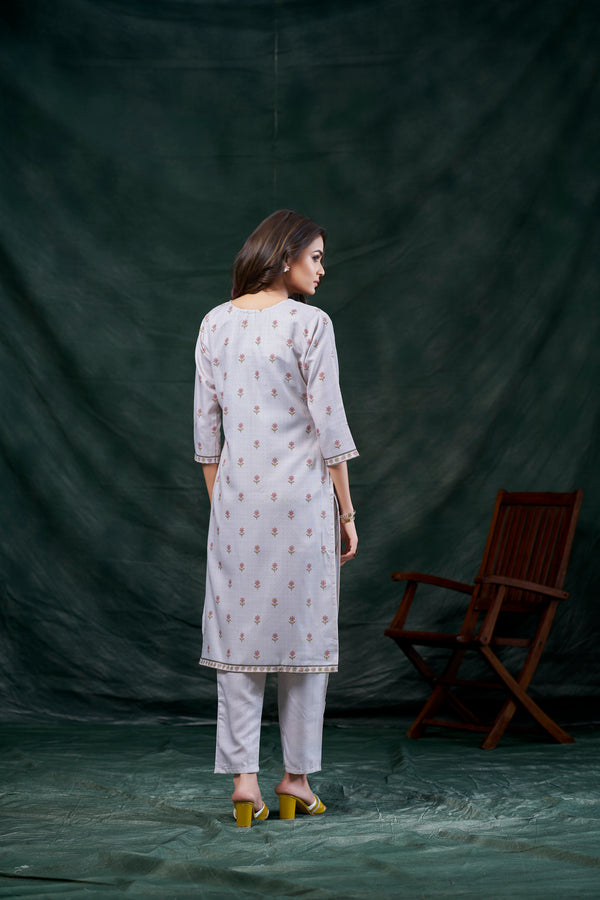 Avantini Women's Cotton Linen Off White Floral Printed and Embroidery Kurti - Distacart