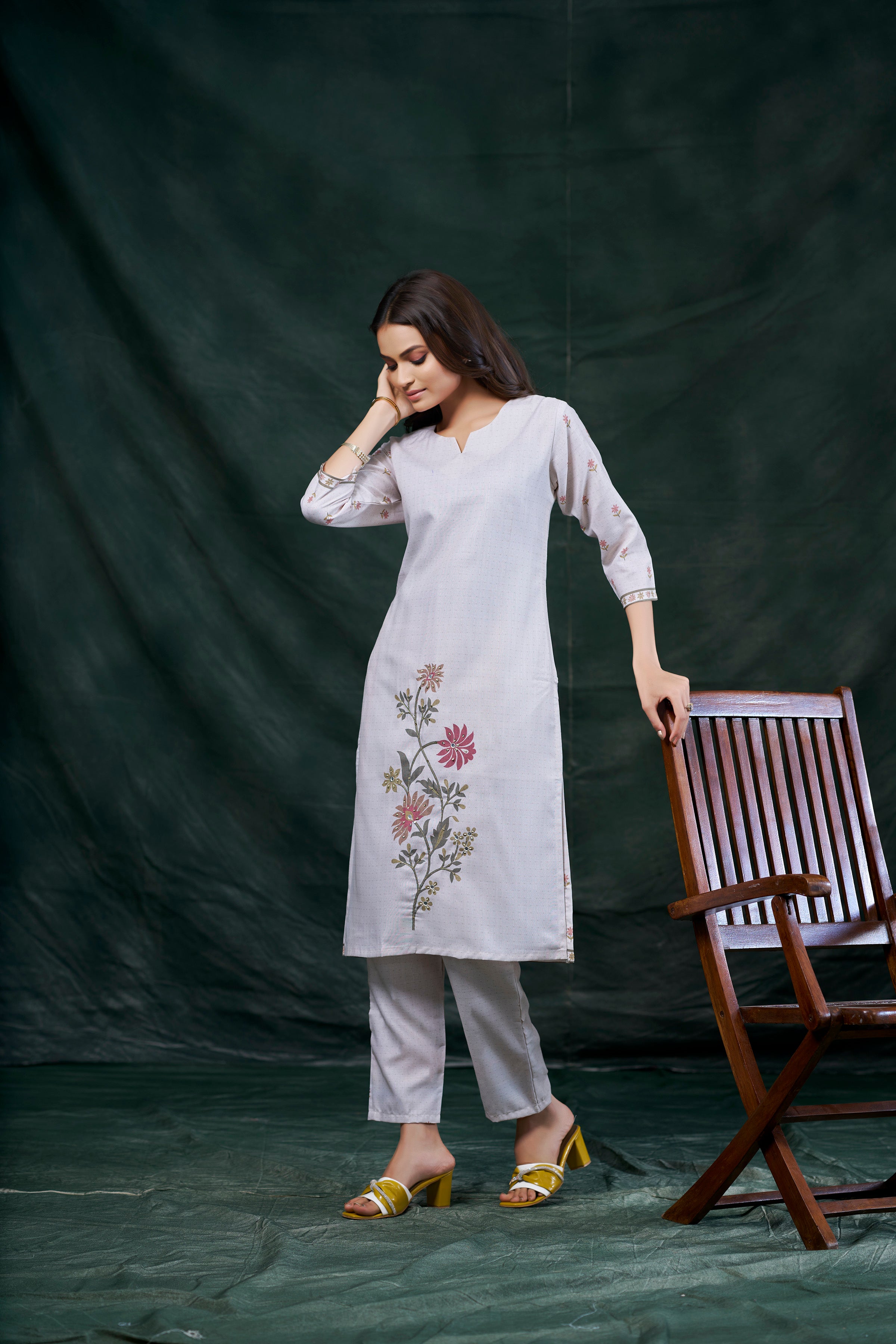 Avantini Women's Cotton Linen Off White Floral Printed and Embroidery Kurti - Distacart