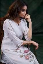 Thumbnail for Avantini Women's Cotton Linen Off White Floral Printed and Embroidery Kurti - Distacart
