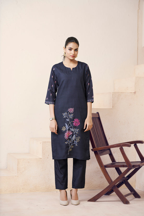 Avantini Women's Cotton Linen Black Floral Printed and Embroidery Kurti - Distacart