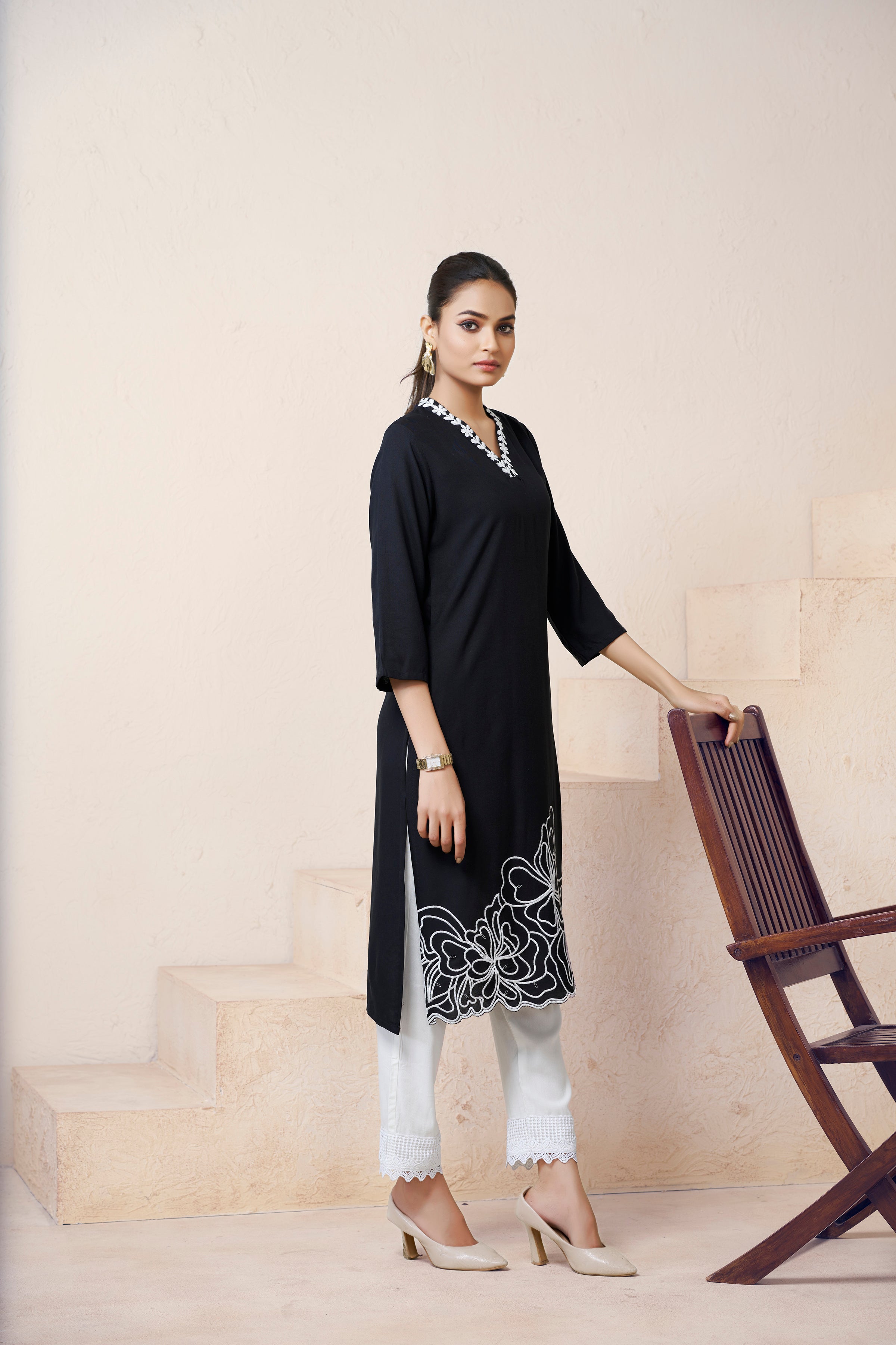 Avantini Women's Viscose Rayon Black Embroidery Kurti - Distacart