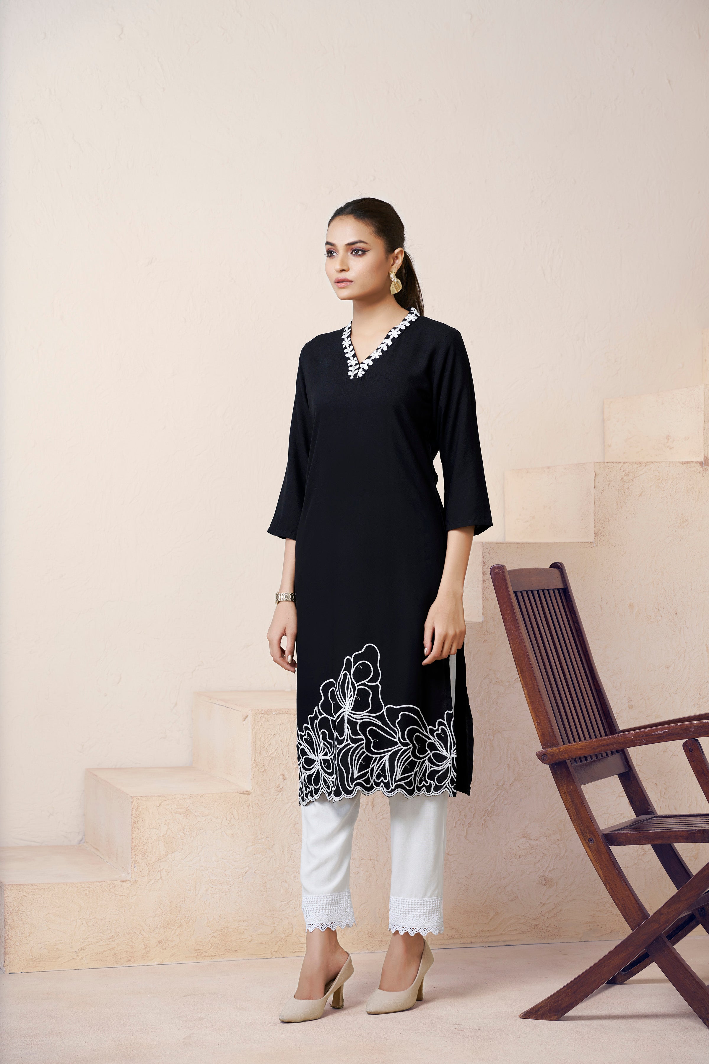 Avantini Women's Viscose Rayon Black Embroidery Kurti - Distacart