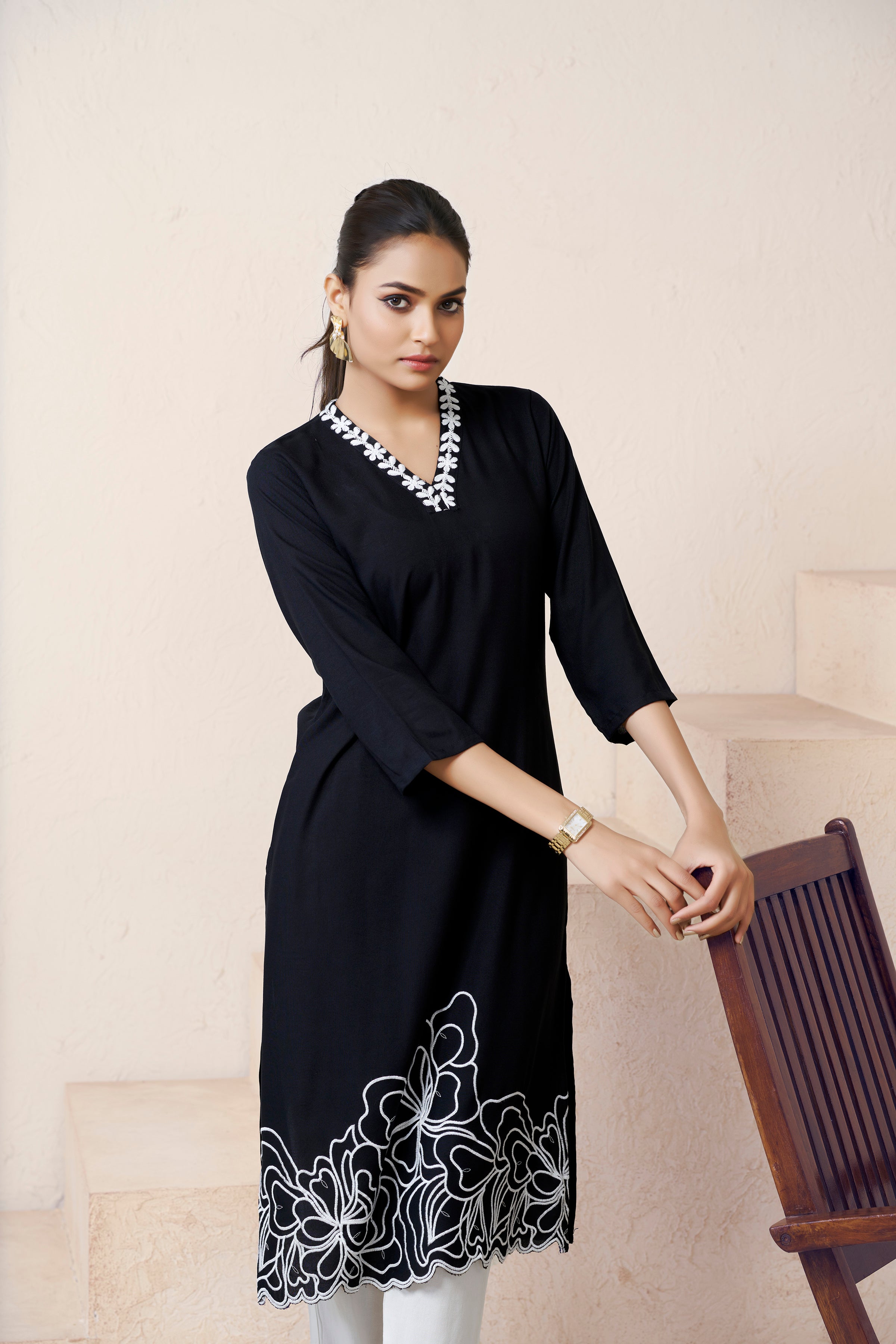 Avantini Women's Viscose Rayon Black Embroidery Kurti - Distacart