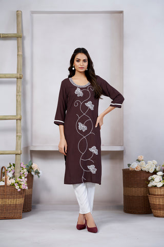 Avantini Women's Viscose Rayon Brown Embroidery Kurti