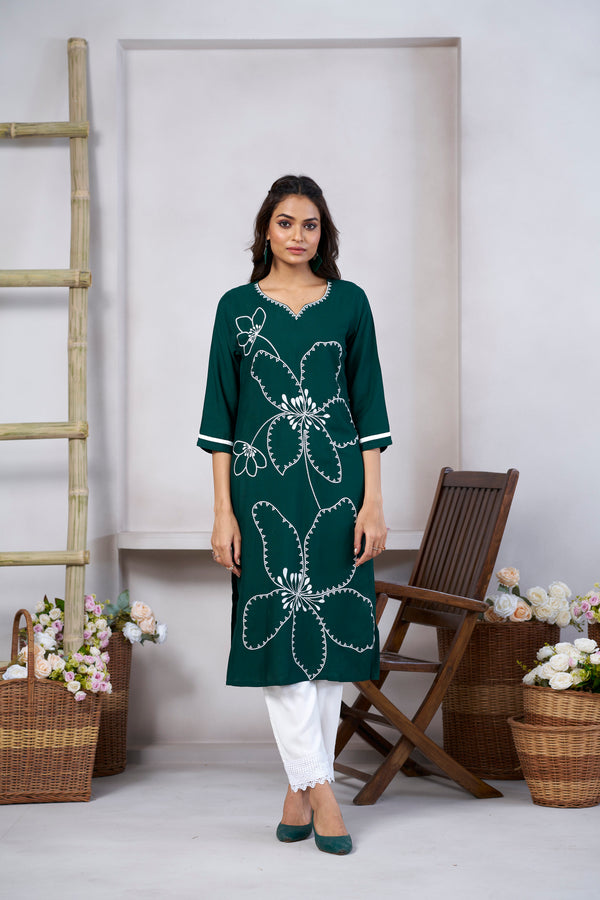 Avantini Women's Viscose Rayon Green Embroidery Kurti - Distacart