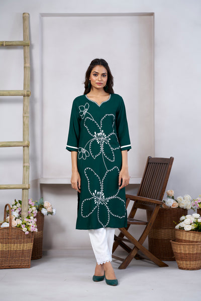 Avantini Women's Viscose Rayon Green Embroidery Kurti - Distacart