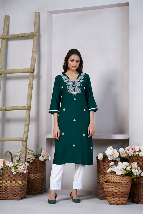 Avantini Women's Viscose Rayon Green Embroidery Kurti - Distacart