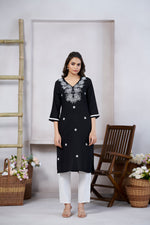 Thumbnail for Avantini Women's Viscose Rayon Black Floral Embroidery Kurti