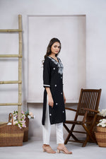 Thumbnail for Avantini Women's Viscose Rayon Black Floral Embroidery Kurti