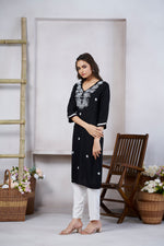 Thumbnail for Avantini Women's Viscose Rayon Black Floral Embroidery Kurti
