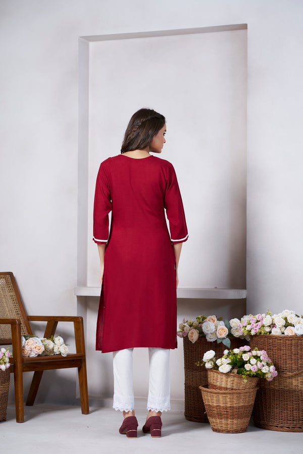 Avantini Women's Viscose Rayon Maroon Floral Embroidery Kurti - Distacart