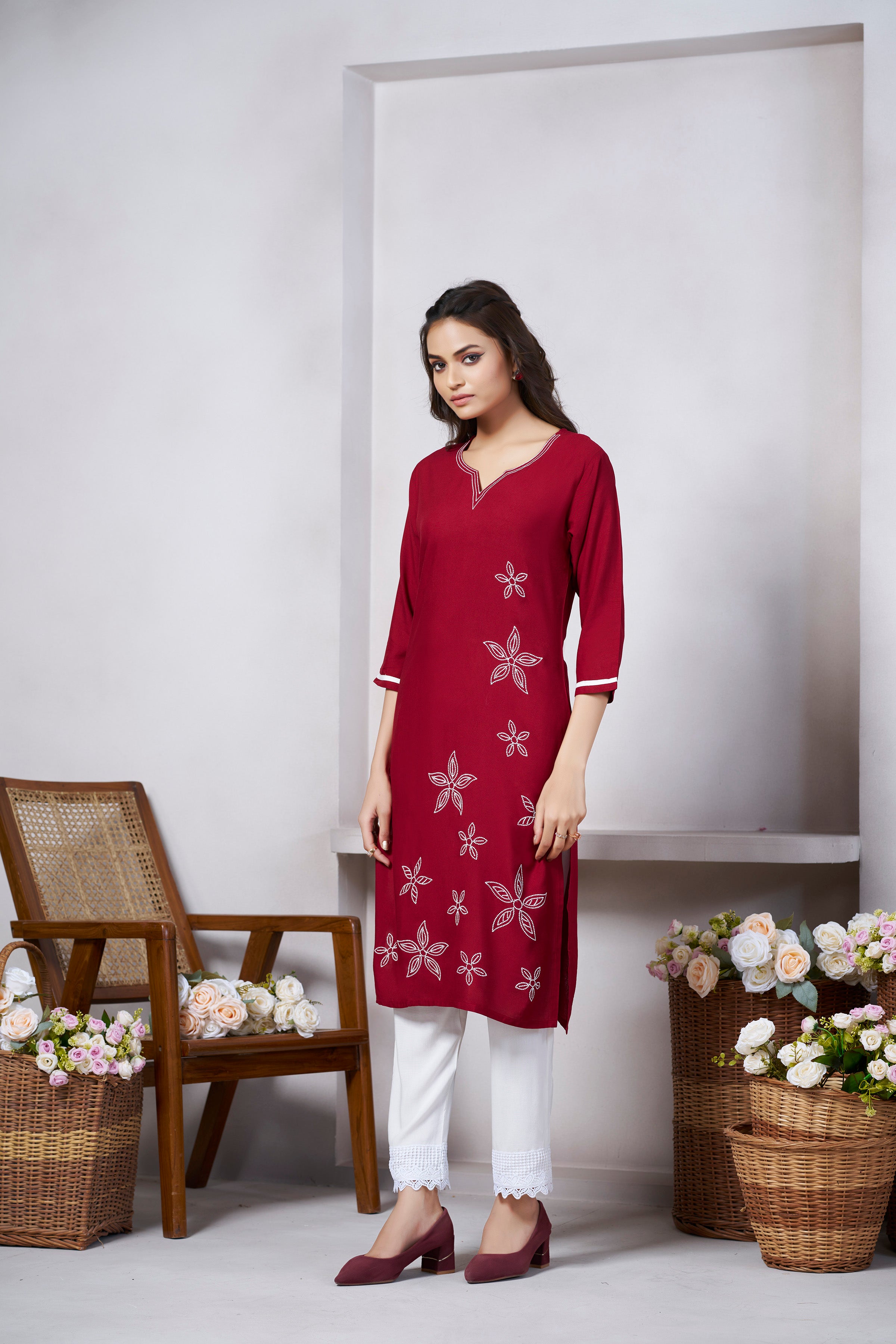 Avantini Women's Viscose Rayon Maroon Floral Embroidery Kurti - Distacart