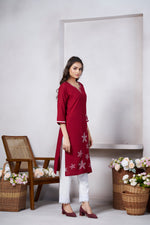 Thumbnail for Avantini Women's Viscose Rayon Maroon Floral Embroidery Kurti - Distacart