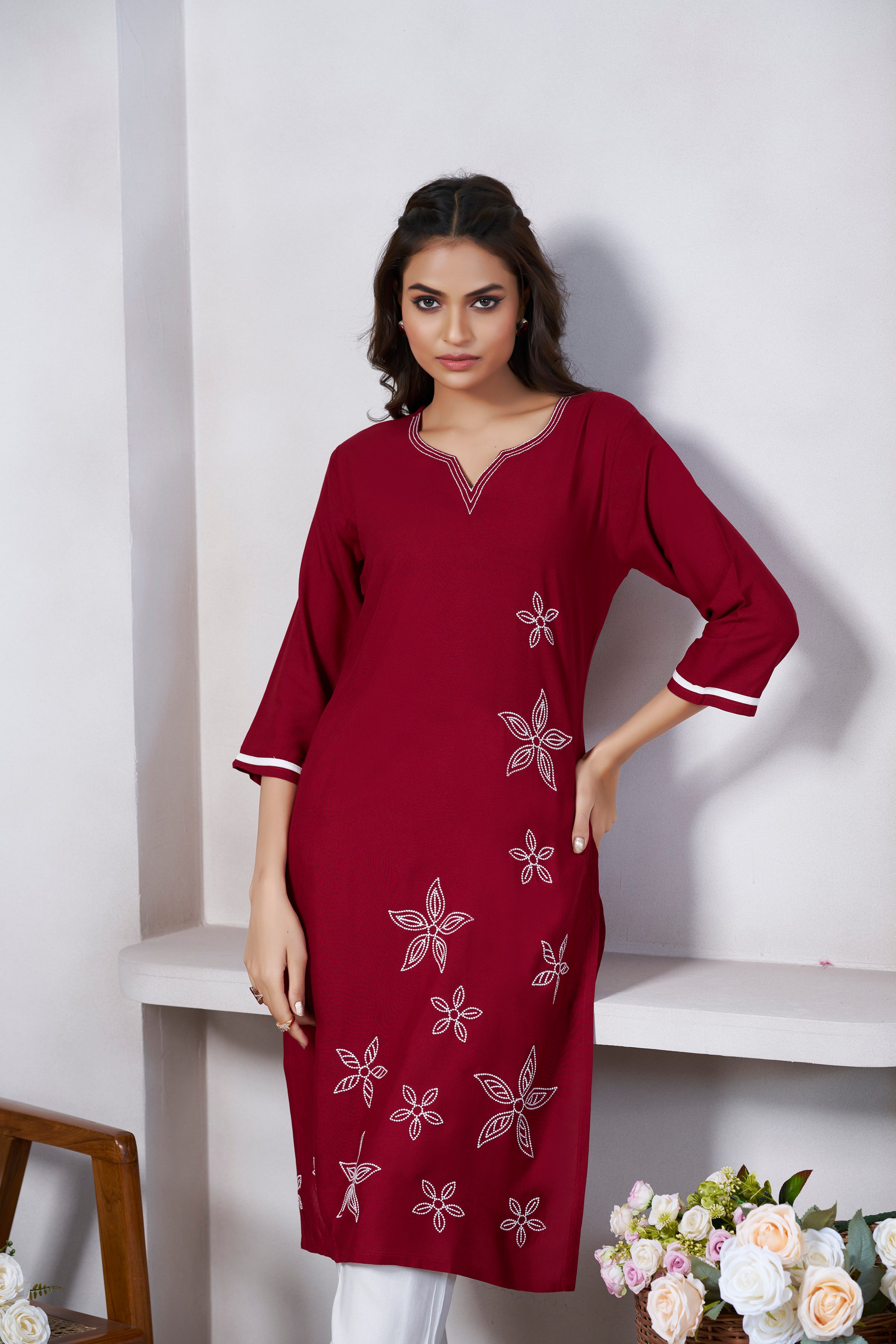 Avantini Women's Viscose Rayon Maroon Floral Embroidery Kurti - Distacart
